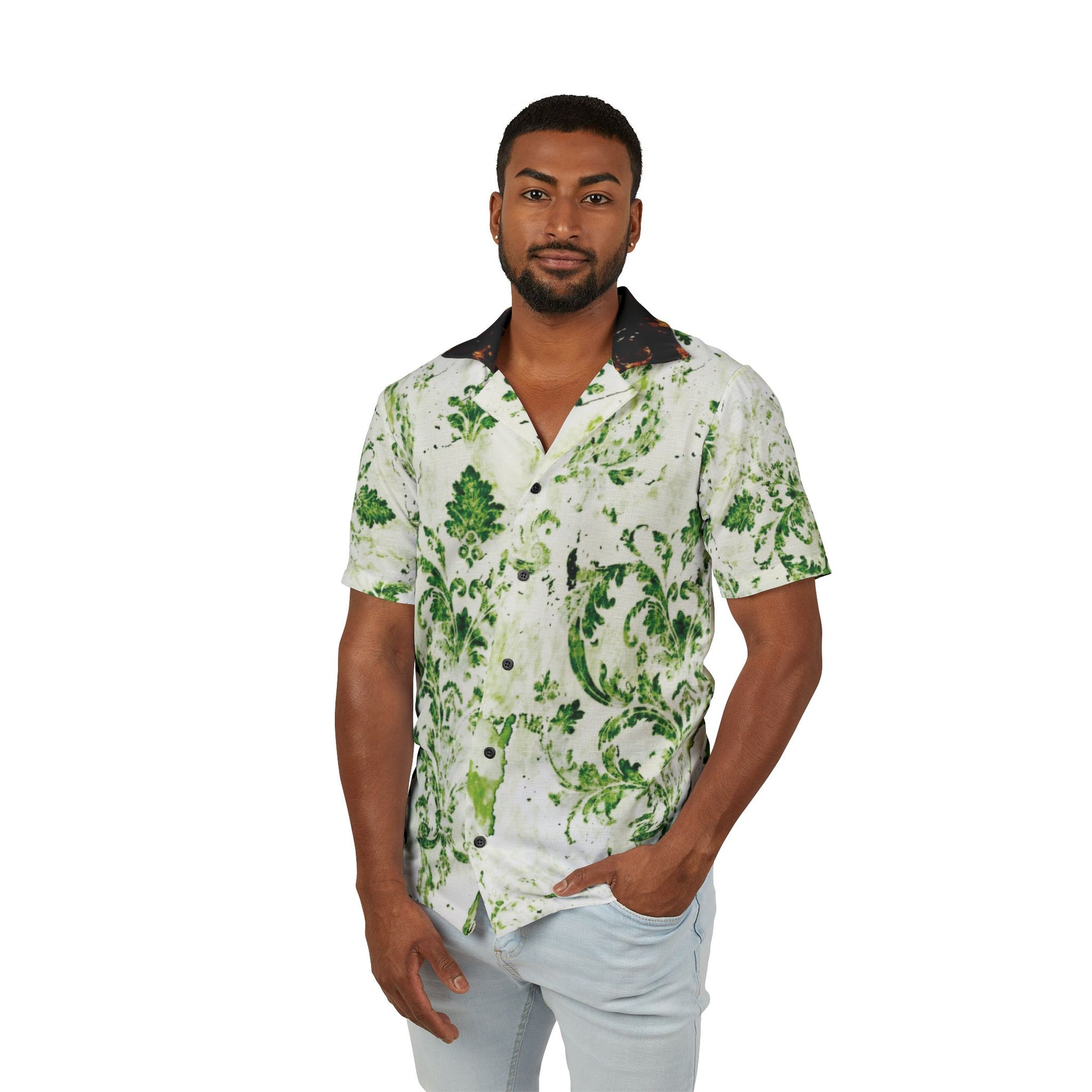 Camicia Bianca Hawaiana Uomo Verde Tropicale