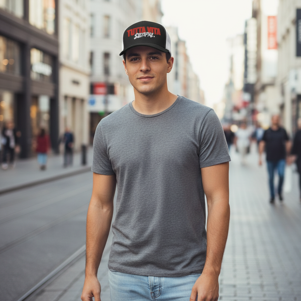 Cappellino trucker ricamato "TUTTA VITA SEMPRE."