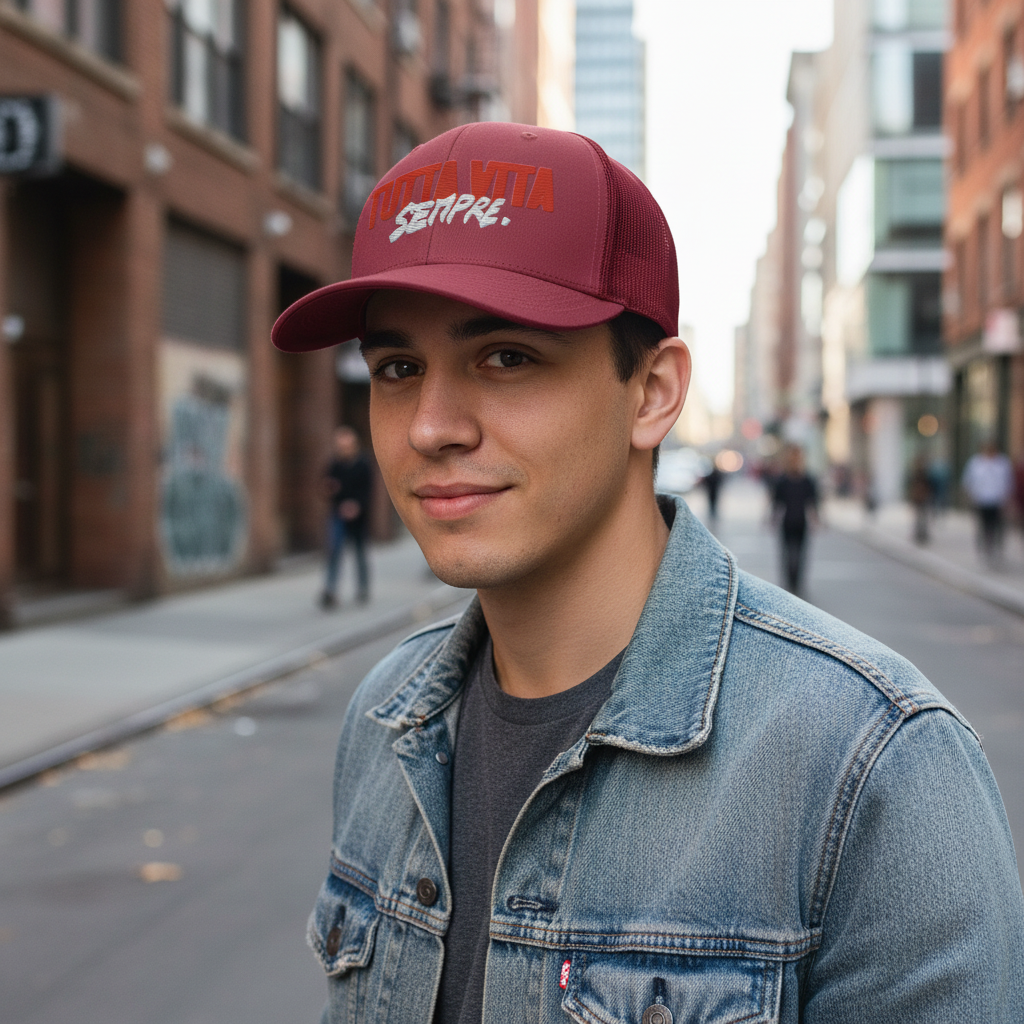 Cappellino trucker ricamato "TUTTA VITA SEMPRE."