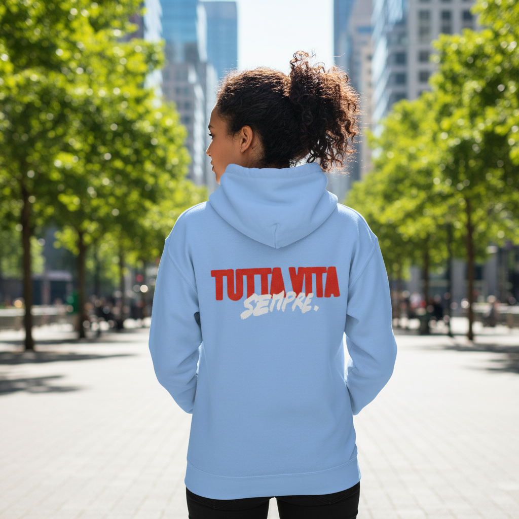 Felpa con cappuccio unisex con ricamo "TUTTA VITA SEMPRE".