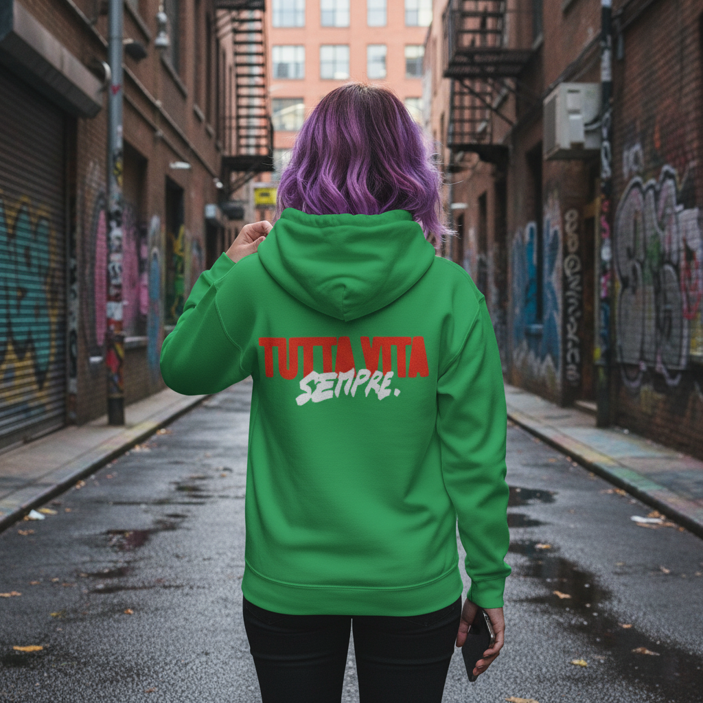 Felpa con cappuccio unisex con ricamo "TUTTA VITA SEMPRE".