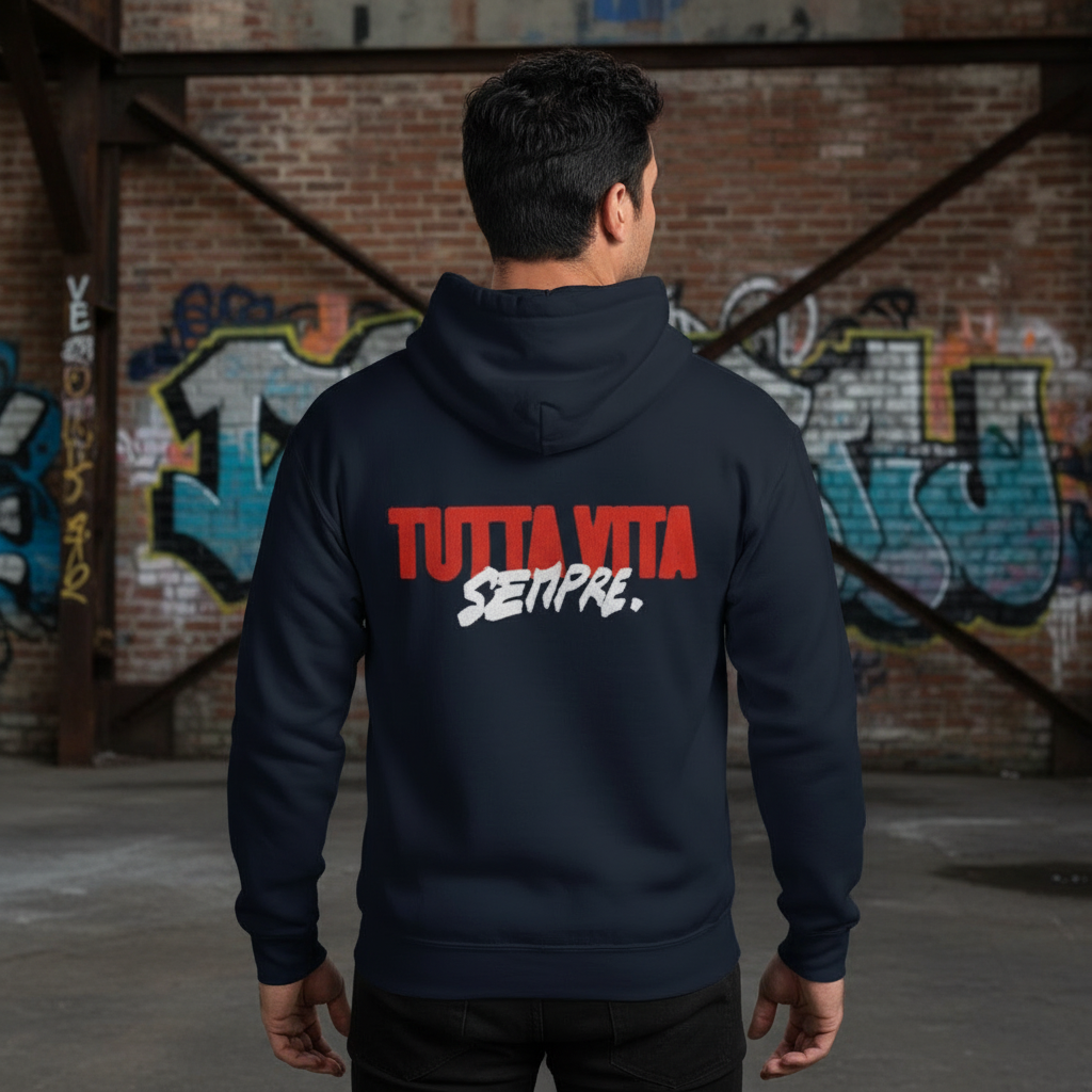 Felpa con cappuccio unisex con ricamo "TUTTA VITA SEMPRE".