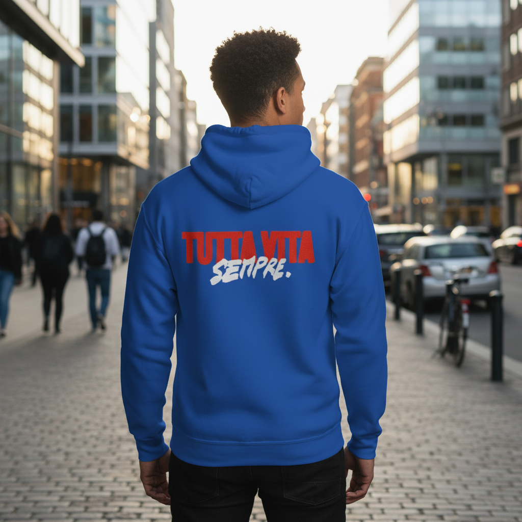 Felpa con cappuccio unisex con ricamo "TUTTA VITA SEMPRE".